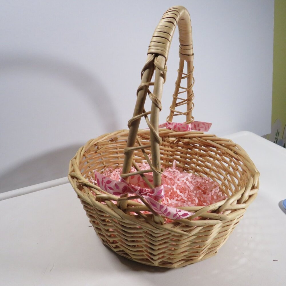 blonde natural cane wicker basket with handle (hand tied bows removable)